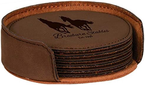 Custom Engraved Coasters | Personalized Leather Coaster | Set of 6 | Drink Coasters with Holder | Laser Engraved | Tabletop Protection | Gift for Couples (Round 4", Dark Brown w/Black)