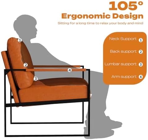 Phoenix Home PU Leather Accent Chair Set of 6, Leisure Metal Framed Armchair with Extra Soft Padded and Cushion, 105 Degree Slant Back, Modern Reading Arm Chair for Living Room/Office/Bedroom, Brown