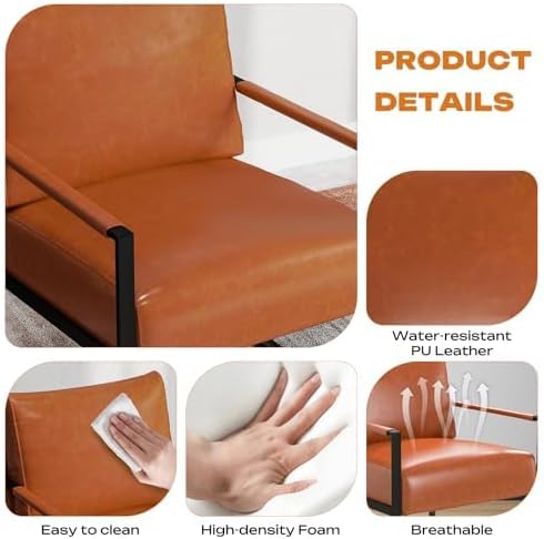 Phoenix Home PU Leather Accent Chair Set of 6, Leisure Metal Framed Armchair with Extra Soft Padded and Cushion, 105 Degree Slant Back, Modern Reading Arm Chair for Living Room/Office/Bedroom, Brown