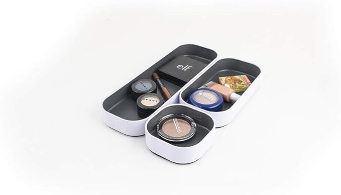 Three by Three Seattle 3 Piece Shallow Metal Organizer Tray Set for Storing Makeup, Stationery, Utensils, and More in Office Desk, Kitchen and Bathroom Drawers (1 Inch, Gray and White)