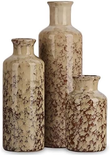 Ceramic Vase Set of 3, Modern Home Decor Distressed Rift Ceramic Small vase for Country Home Decoration, Living Room Decor, Table Decor, and Entrance Decoration(Vase-B)