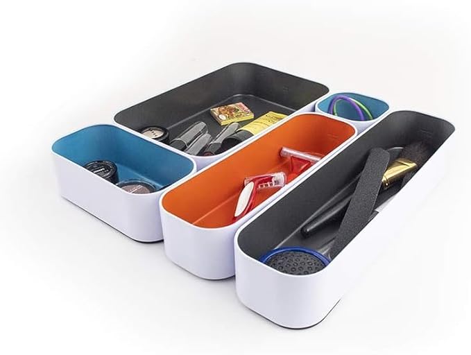 Three by Three Seattle 5 Piece Metal Organizer Tray Set for Storing Makeup, Stationery, Utensils, and More in Office Desk, Kitchen and Bathroom Drawers (2 Inch, Multicolor)