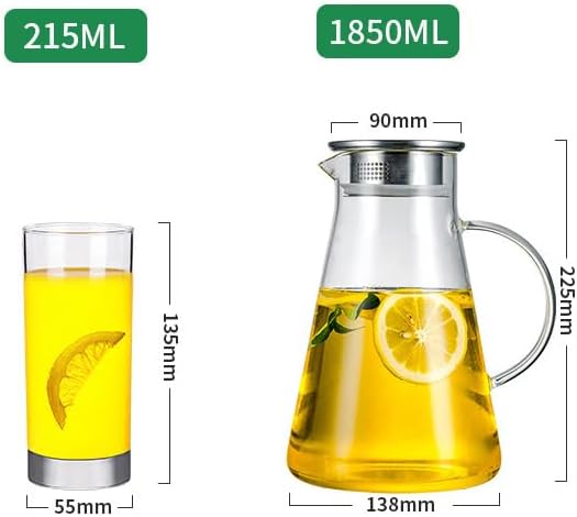 7-Pcs Glass Pitcher Set Jug with 6 Water Glasses Tumbler Cups Lid Carafe Jug with Spout Handle for Hot/Cold Tea Beverage