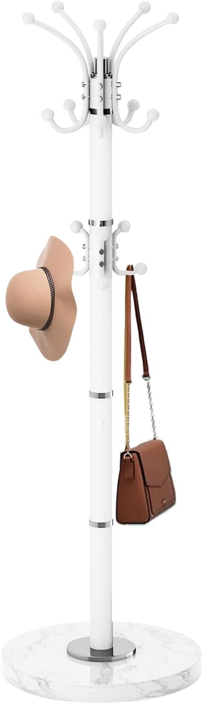 Modern Metal Coat Rack Stand, 360°Rotary Coat Rack Freestanding with Natural Marble Base, White Sturdy Coat Racks with 16 Hooks, Coat Racks Hall Tree Stand for Entryway (White)