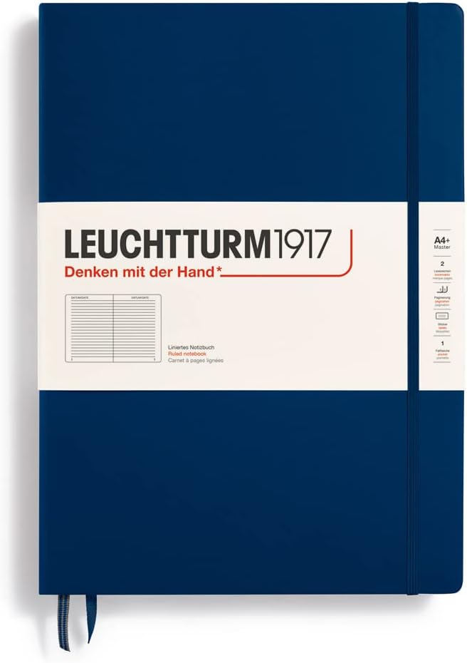 LEUCHTTURM1917 - Notebook Hardcover Master Classic A4+ - 235 Numbered Pages for Writing and Journaling (Navy, Ruled)