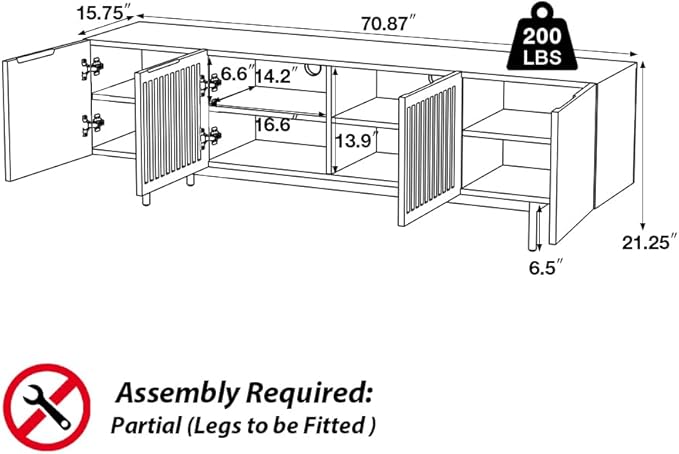 POVISON Mid Century Modern Sintered Stone TV Stand, Slatted Media Console TV Cabinet with Tall-cast Metal Legs, Fluted Entertainment Center with Storage, Fully-Assembled (Walnut, 70.87")