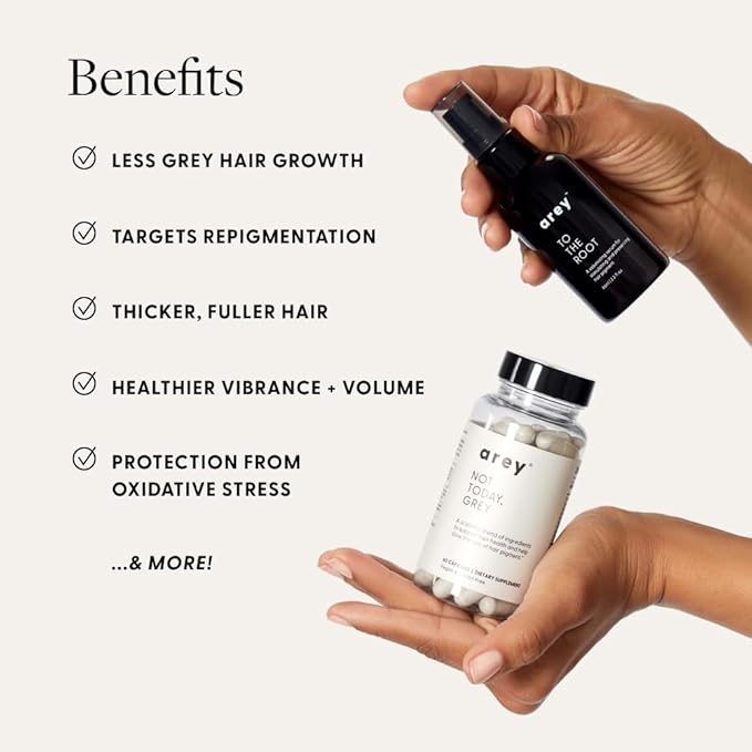 Arey The System Hair Serum and Supplements | Slows Grey Hair Growth, Promotes Healthier Hair & Repigments with Mela-9™ Complex, Antioxidants & Vitamins | Vegan, Oil-Free, Scent-Free (1 Month Supply)