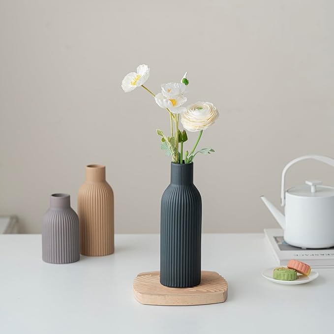 Modern Ceramic Vases Set of 3, Black Ribbed Decorative Vases, Shelf Table Centerpiece for Home Decor (Black Mix)