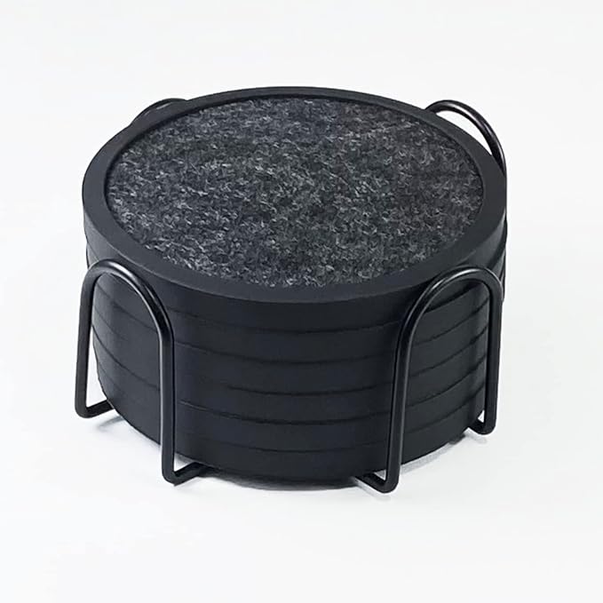 Absorbent Coasters for Drinks with Holder - 6packs, Silicone Coaster with Soft Felt Insert (4.3 inch Coasters with 4.5 inch Holder, Black and White)