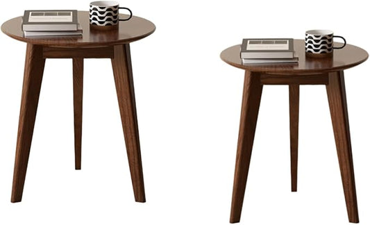 100% Solid Oak Round Side Table Set of 2, Small Bedside Table for Small Spaces, Living Room End Table with Stable Frame, Modern Nightstand for Bedroom Couch(Walnut, 17.71" D x 19.68" H)