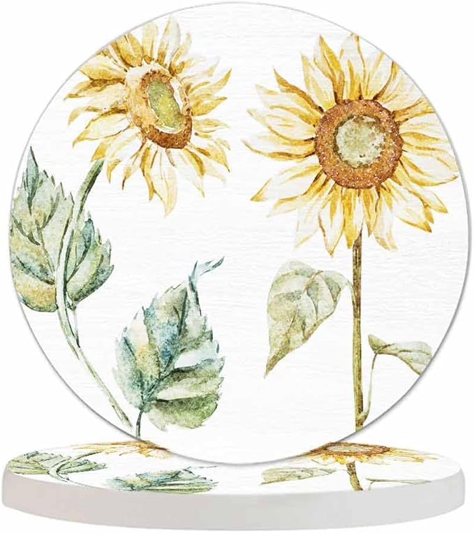 Yellow Sunflower Coasters for Coffee Table Bright Color Flowers Botanical Floral Nature Beauty Blossom Sketch Housewarming Presents for Women Men Home Decor Office Kitchen Living Room 2 Pcs