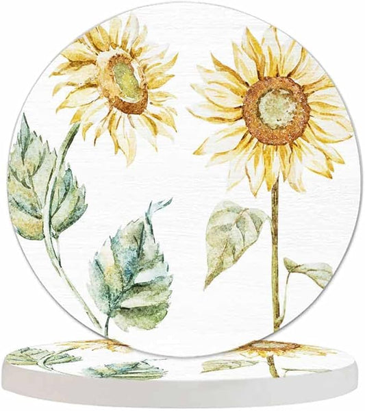 Yellow Sunflower Coasters for Coffee Table Bright Color Flowers Botanical Floral Nature Beauty Blossom Sketch Housewarming Presents for Women Men Home Decor Office Kitchen Living Room 2 Pcs