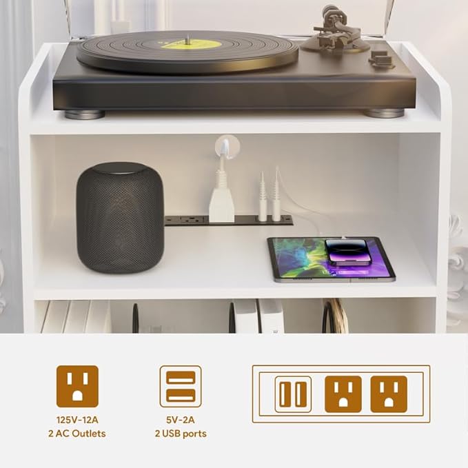 Record Player Stand, Turntable Stand with Record Storage and Charging Station & USB Ports, Record Player Table with Metal Divider, Record Stand Up to 160 Albums for Living Room, Bedroom, White