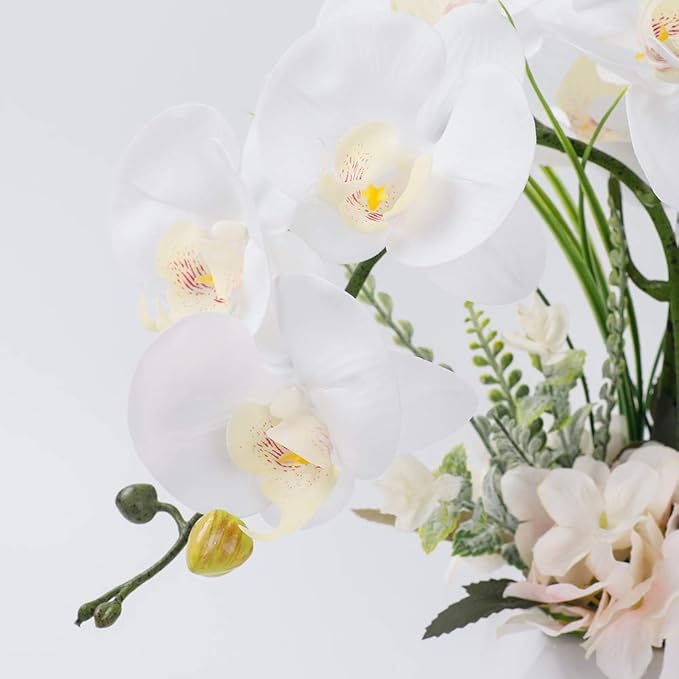LESING Artificial Potted Orchid Flower for Table Centerpieces,Real Touch White Fake Orchid Flowers in Vase for Home Decoration ﻿(Style 2,White Vase)