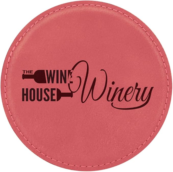 Custom Engraved Coasters | Personalized Leather Coaster | Set of 6 | Drink Coasters with Holder | Laser Engraved | Tabletop Protection | Gift for Couples (Round 4", Pink w/Black)