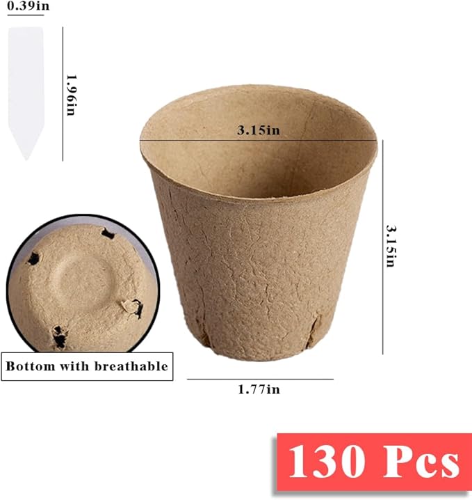 130 Pcs 3.15 Inch Organic Peat Pots with Drainage Holes - Biodegradable Seed Starter Pots for Seedlings, Plants & Garden Germination - Includes 130 Planting Labels