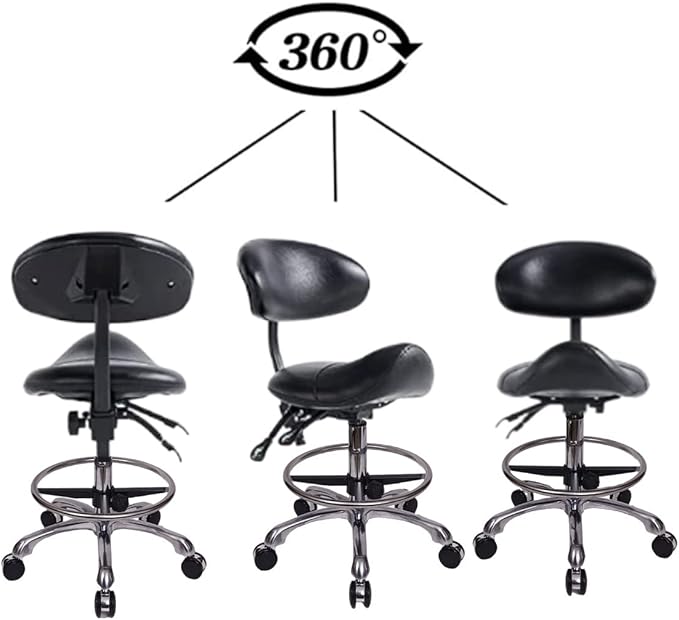 Saddle Stool Chair with Backrest and Foot Ring, Ergonomic Rolling Esthetician Seat for Salon, Tattoo Shop, Spa, Facial lash Home, Dentist Clinic, Esthetician Chair, Black