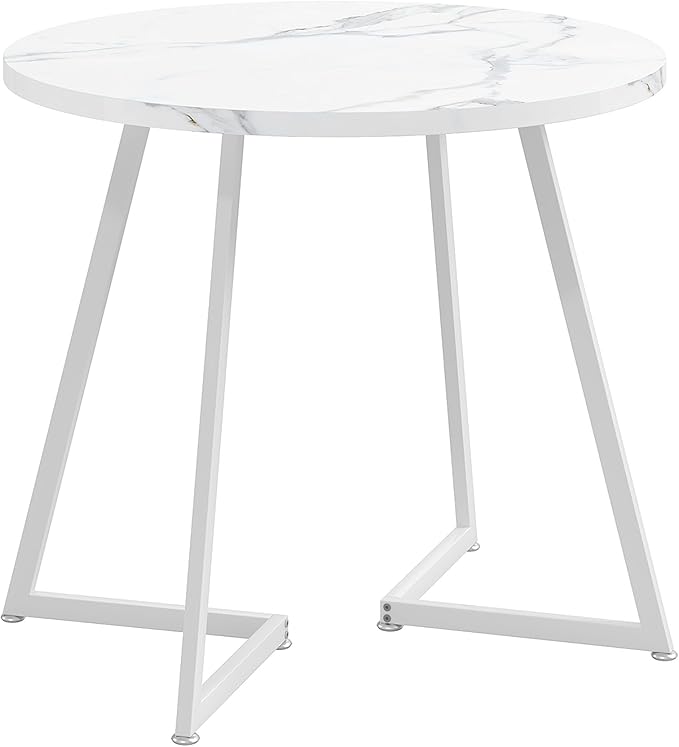 VECELO Round Dining Room Table with Wood Grain Tabletop and Steel Frame, for Kitchen, Living Room, Office, Conference, 2 to 4 Person, Fuax Marbled & White