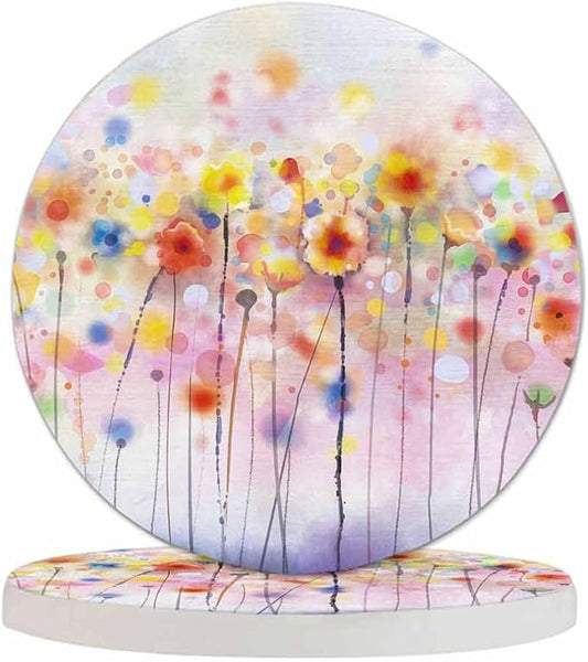 Watercolor Floral Coasters for Drinks Office Coffee Table Spring Flowers Soft Color Purple Pink Poppy Bloom Living Room Decor Set of 2 for Cold Drinks Wine Mugs and Cups 4 Inch