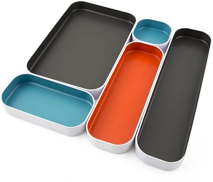 Three by Three Seattle 5 Piece Metal Organizer Tray Set for Storing Makeup, Stationery, Utensils, and More in Office Desk, Kitchen and Bathroom Drawers (1 Inch, Gray, Sky Blue, Orange)