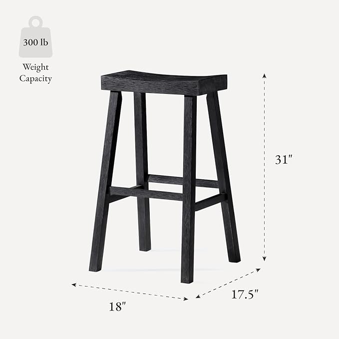 Maven Lane Kitchen Bar Stool, Modern Farmhouse Wood Barstool, Kitchen Island Chairs, Pub Bar Height Stools for Kitchen, Wide Comfortable Seat Backless Bar Stools, Vincent 31", Antiqued Black, Set of 2