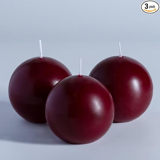 MOZEAL Hand-Poured, 3 Inch Burgundy Round Ball Candles - Elegant Burgundy Round Pillar Candles Set of 3, Dripless, Unscented, Smokeless, Ideal for Intimate Gatherings.