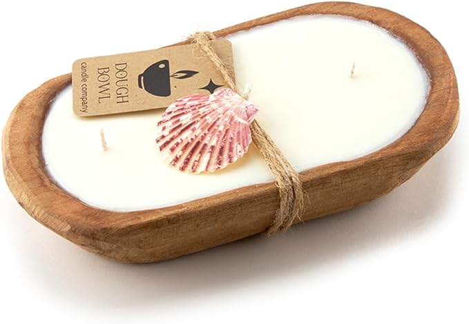 Dough Bowl Candle Co. Beach Linen Soy Candle - 3 Wick Rustic Farmhouse Decor Odor Eliminator in Wooden Bowls, 20 Ounce Wooden Dough Bowl Candle, All-Natural Gifts for Women and Men, Coffee Table Decor