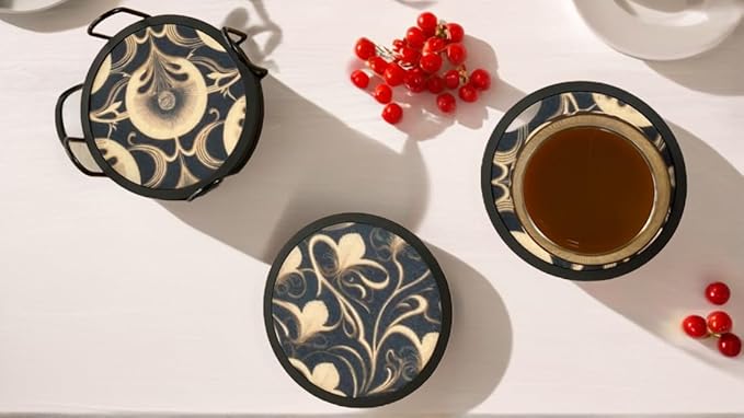 Absorbent Coasters for Drinks with Holder - 6packs, Silicone Coaster with Soft Felt Insert (4.3 inch Coasters with 4.5 inch Holder, Dual-Sided Flower -Themed Patterns)