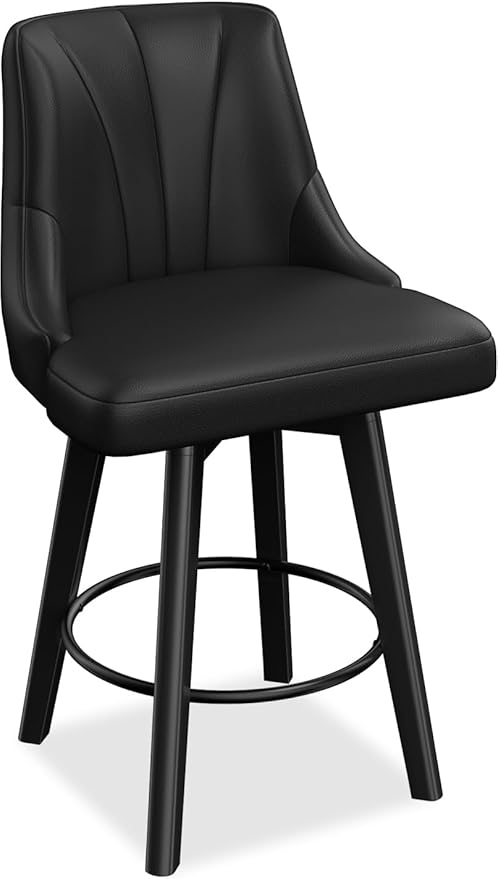Counter Height Swivel Bar Stool, 24" Upholstered PU Leather Barstools, Counter Stool Chair with Back & Solid Wood Legs for Kitchen Island Dining Room (Black)