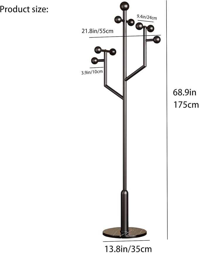 Modern Coat Racks,Coat Rack Freestanding with Marble Base,coat tree freestanding heavy duty,Metal Coat hanger Stand with 8 Ball hooks for Bags,Jacket,Clothes,Hats