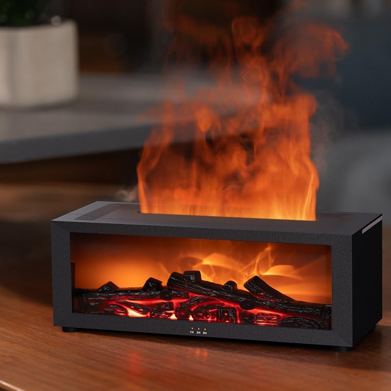 Eseential Oil Diffuser, Fireplace Flame Oil Diffuser - Aromatherapy Aroma Humidifier, Upgrade 7 Flame Colors Noiseless 150ml Remote Control - Perfect for Bedroom Home Office (Fireplace Black)