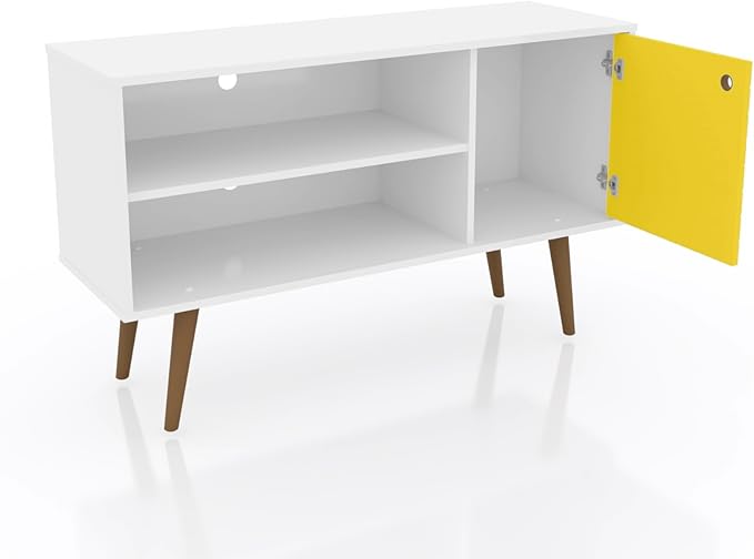Manhattan Comfort Liberty Mid Century Modern TV Stand for Televisions up to 46 Inches, Bedroom and Living Room Entertainment Center with Storage, Shelves, and Cabinet, 43" Wide, White/Yellow