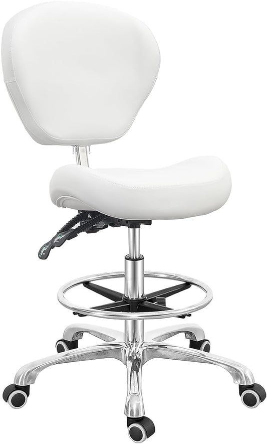 Grace&Grace Drafting Chair Adjustable Tall Shop Stool, Rolling Chair with Backrest and Footrest for Computer, Studio, Workshop, Classroom, Lab, Counter, Home Office (White)