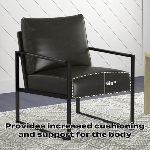 Phoenix Home PU Leather Accent Chair Set of 6, Leisure Metal Framed Armchair with Extra Soft Padded and Cushion, 105 Degree Slant Back, Modern Reading Arm Chair for Living Room/Office/Bedroom, Black