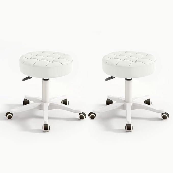 Small Chair Round Rolling Stool with Wheels PU Leather Height Adjustable Swivel Drafting Work SPA Salon Stools Home Office Chair