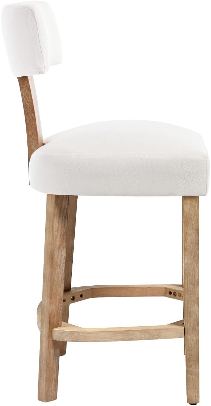 Linen Bar Stools Set of 4, Upholstered 27.7'' Counter Height Barstools with Curved Back, Farmhouse Wood Bar Chairs for Breakfast, Kitchen Island, Cafe, Cream