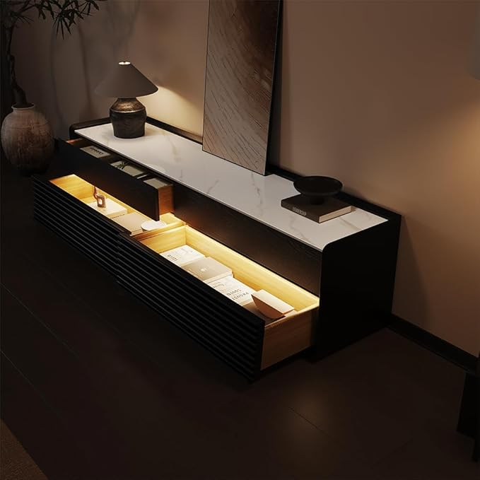 POVISON Fully-Assembled Mid Century Glossy Sintered Stone TV Stand, 70.87" Wood Media Console with Adjustable LED Light, Entertainment Center with Storage for Living Room