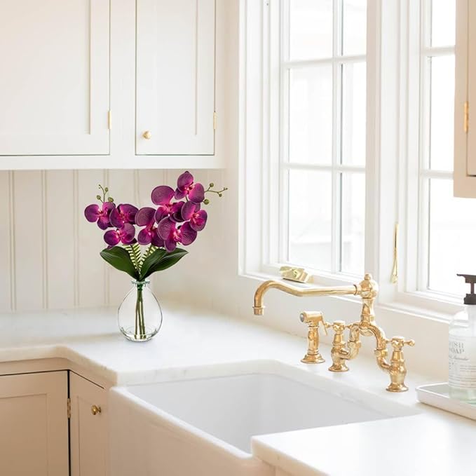 Purple Orchids Artificial Flowers, Faux Orchid in Glass Vase Real Touch Small Phalaenopsis Orchid Flowers Arrangements with Clear Vase Orchid Centerpiece for Dining Room Table