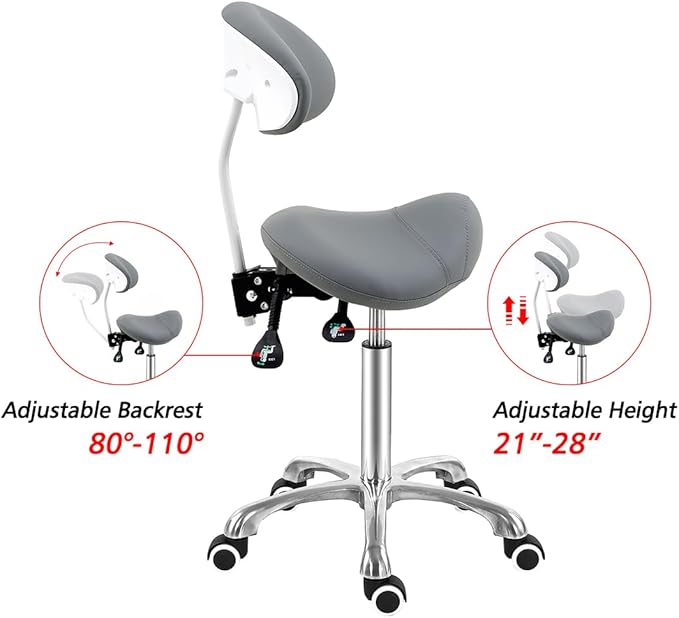 Antlu Saddle Stool Chair with Back Support - Ergonomic Esthetician Seat Saddle Stool for Salon Tattoo Spa Medical Dentist Clinic (with Backrest, Grey)