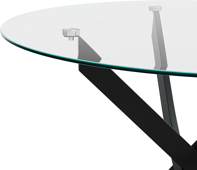 Round Glass Dining Table with Crossed Metal Legs, 31.5" Modern Glass Kitchen Table for Dining Room Kitchen, Black