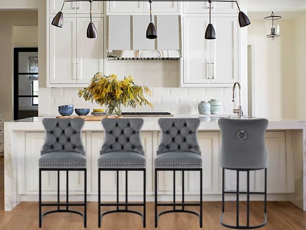 UVV Counter Height Bar Stools Set of 2, 26" Modern Barstools with Back, Velvet Upholstery Counter Chairs with Metal Legs for Kitchen Island, Bar, Counter, Gray