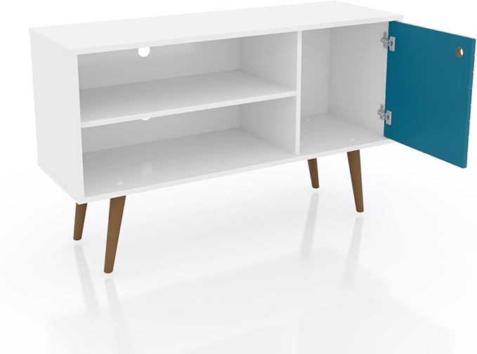 Manhattan Comfort Liberty Mid Century Modern TV Stand for Televisions up to 46 Inches, Bedroom and Living Room Entertainment Center with Storage, Shelves, and Cabinet, 43" Wide, White/Aqua Blue