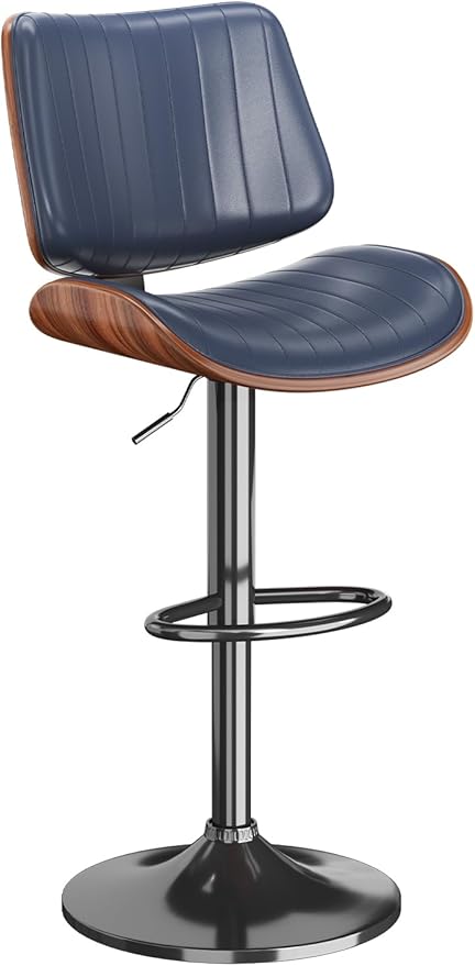 Swivel Bar Stools Set of 1, Adjustable Bentwood Barstools for Kitchen Counter, Modern PU Leather Upholstered Bar Chair with Back and Footrest, for Kitchen Island, Bar, Dining Room, Navy