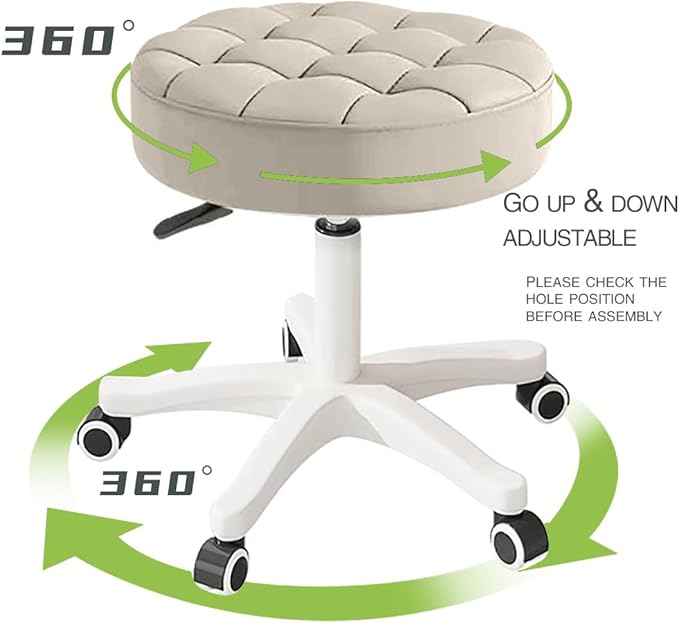 Small Chair Round Rolling Stool with Wheels PU Leather Height Adjustable Swivel Drafting Work SPA Salon Stools Home Office Chair