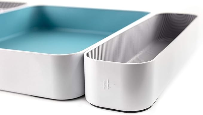 Three by Three Seattle 12 Piece Metal Organizer Tray Set for Storing Makeup, Stationery, Utensils, and More in Office Desk, Kitchen and Bathroom Drawers (2 Inch, Assorted Colors, Stripes)