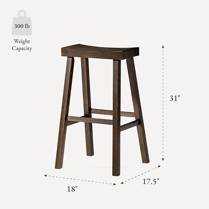 Maven Lane Kitchen Bar Stool, Modern Farmhouse Wood Barstool, Kitchen Island Chairs, Pub Bar Height Stools For Kitchen, Wide Comfortable Seat Backless Bar Stools, Vincent 31", Antiqued Brown, Set of 4