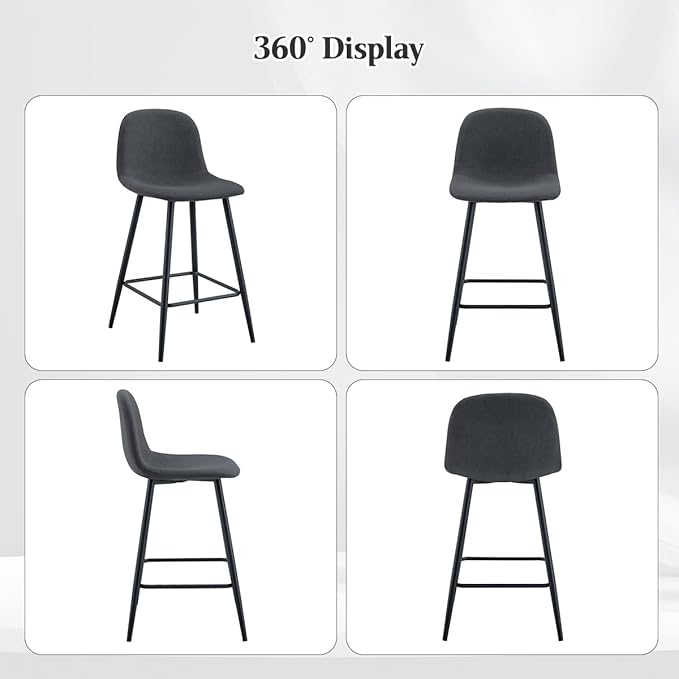 Grey Barstools Set of 2, 24.6" Counter Height Bar Stools with Back & Metal Footrest, Modern Island Chairs Set of 2 for Kitchens Island Home Bar