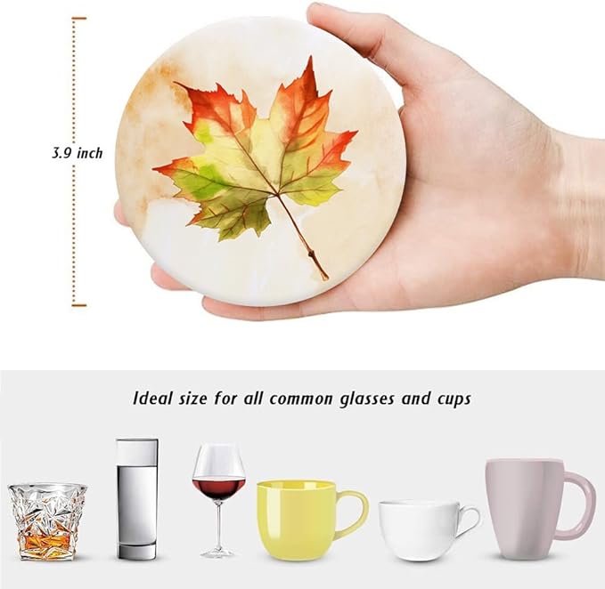 Fall Drink Absorbent Coasters with Holder Set of 6, Ceramic Stone with Cork Base, Watercolor Orange Falling Maple Leaves Coaster for Drinks, Gift for Housewarming Room Bar Home Decor Kitchen