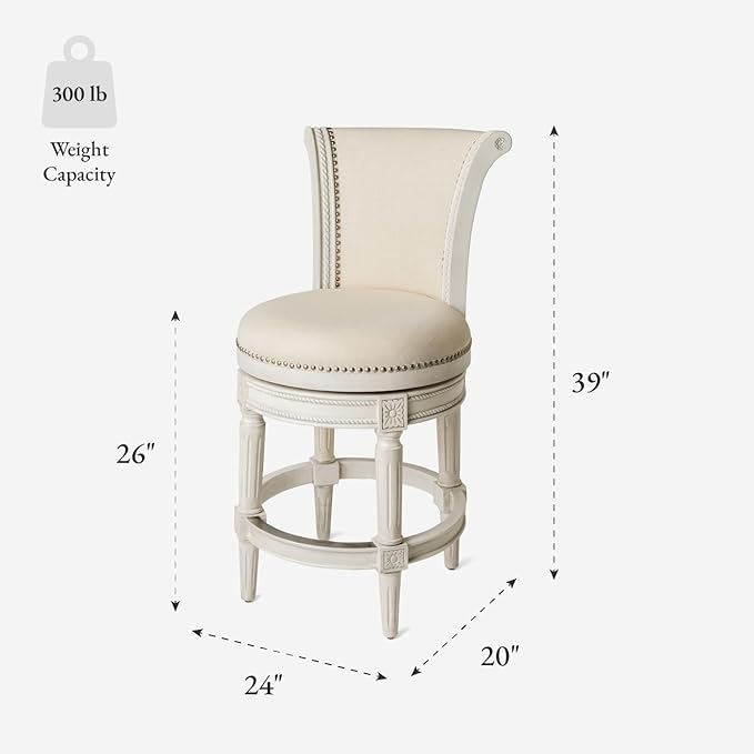 Maven Lane Pullman Counter Stool 26 Inches – Set of 4 – Swivel Stools with Footrest – Cream Solid Wood Frame & Natural Fabric Upholstery – Perfect for Kitchen Islands & Counters