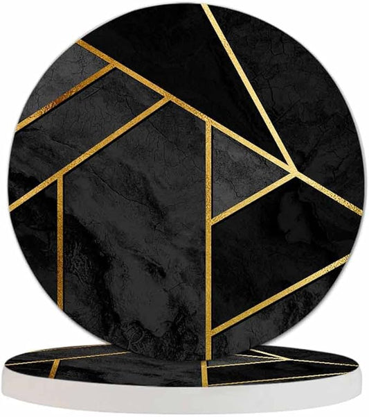 Modern Stylish Geometric Drink Coaster for Tabletop Protection Black Triangle Patchwork Collage Gold Line Luxury Polygon Non-Slip Cups Place Mats Home Decor Diatomite Material for Men Women